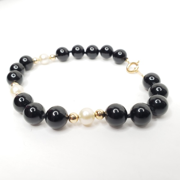 14K IPS Gold Black Onyx and White Pearl Bracelet - Picture 2 of 7